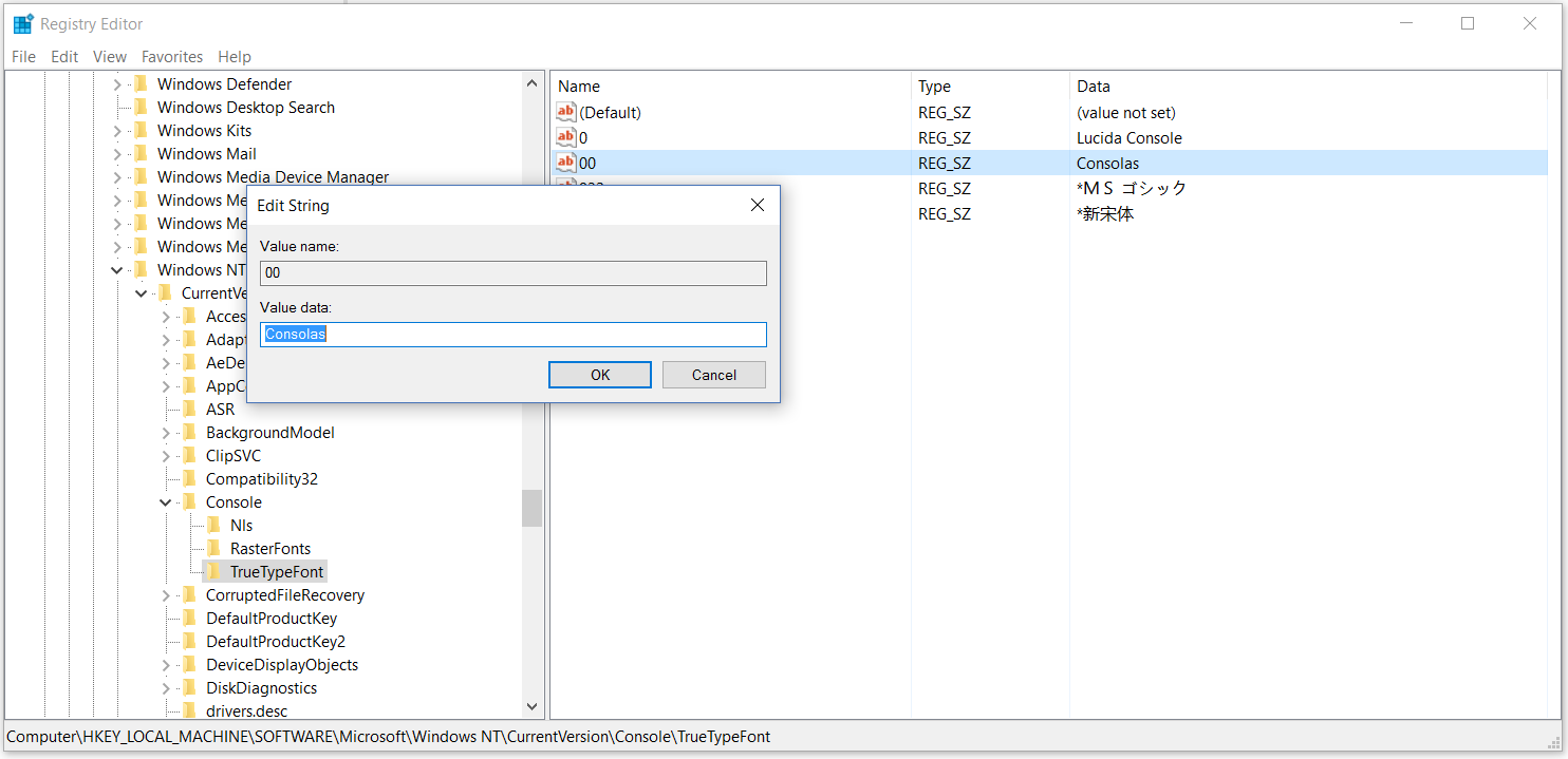 Adding Consolas font in regedit